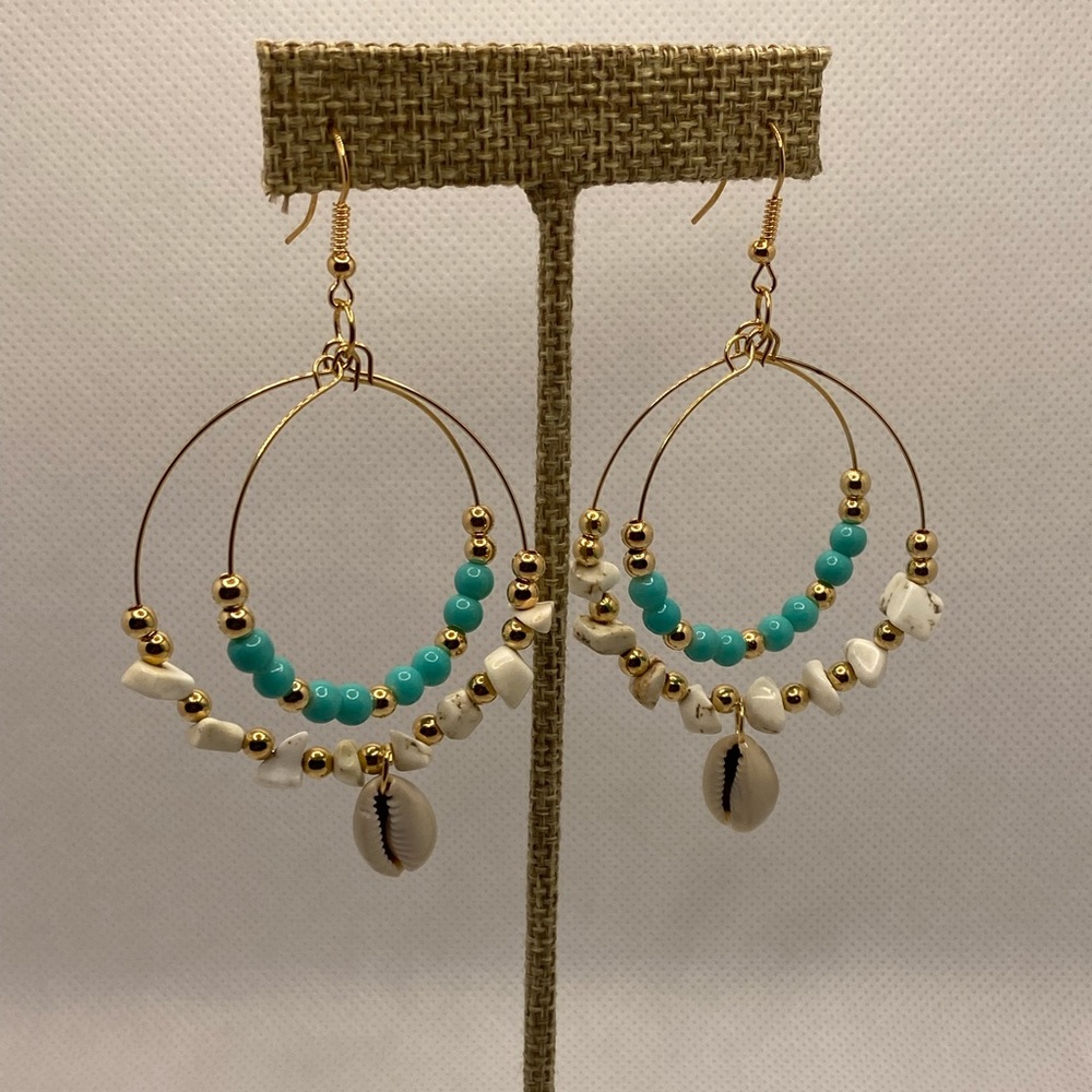 ⭐ 3/$15 ⭐ 
Shells & Beads Dangle Hoop Earrings ¤ White Turquoise Red Gold Beads